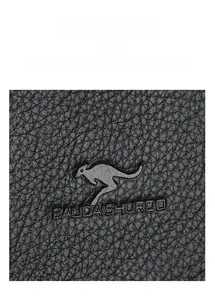 Detail of embossed kangaroo logo and textured lychee grain leather on black tote bag