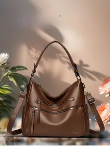 Detail of dark brown lychee leather handbag with double zippers and kangaroo logo
