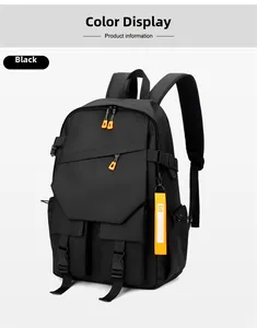 Detail view of black laptop backpack with orange accents and adjustable buckle straps
