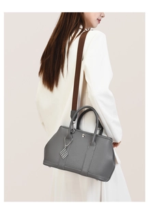 Grey faux leather tote bag with lychee texture and detachable wide woven shoulder strap