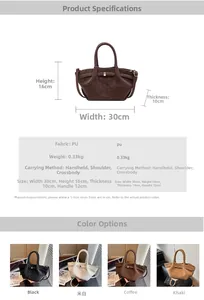 Detailed chart showing PU leather bag dimensions, material specs, and color options