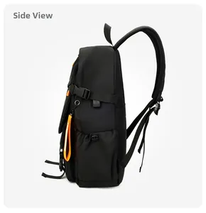 Side view of black laptop backpack showing USB charging port and orange zipper details