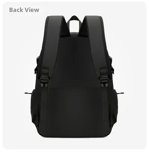 Back view of black laptop backpack showing padded shoulder straps and luggage strap