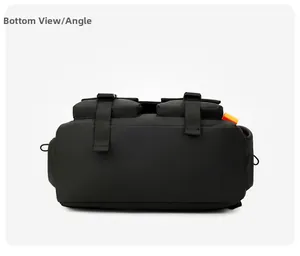 Detailed bottom view of black nylon backpack featuring dual adjustable straps and orange tag