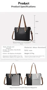Size chart showing dimensions for a large leather tote bag holding A4 paper and iPad