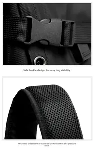 Detail view of durable side buckles and padded breathable mesh shoulder straps on backpack