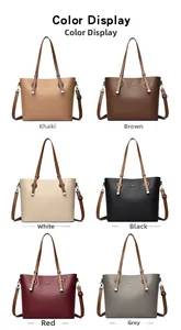 Color display of large tote bags in six shades showing litchi grain leather and logo