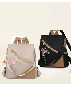 Detail of backpack with floral embroidery and contrasting straps in beige and black
