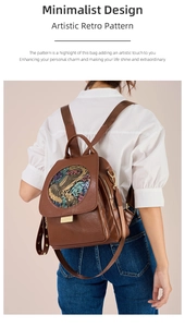 Brown retro leather backpack with vintage embossed artistic pattern on back view