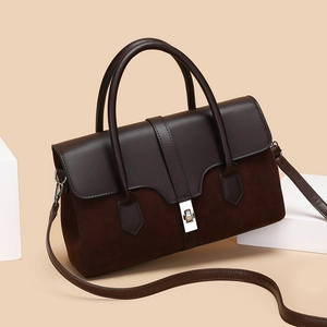 Retro large capacity patchwork tote bag in dark brown suede and leather with metal lock