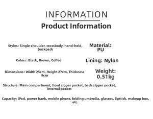 Detailed size chart and specs for the 25x27x9cm multi-functional PU leather backpack