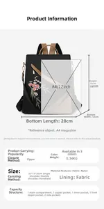 Detailed size specifications and floral embroidery on a black nylon travel backpack