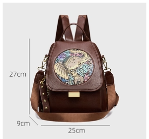 Detailed view of brown retro backpack dimensions 27x25x9cm with elephant embossment