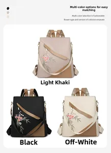 Detailed view of women's backpacks in black, khaki and beige with floral embroidery