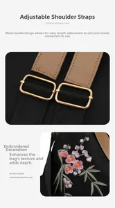 Detail of adjustable golden metal buckles and floral embroidery on black backpack
