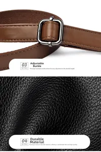Detail of adjustable brown leather strap with silver buckle on black pebble grain leather bag