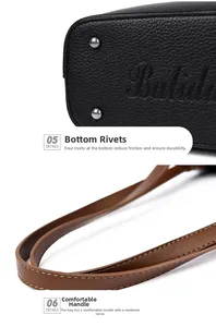 Detail of lychee pattern leather base with metal rivets and sturdy brown handle