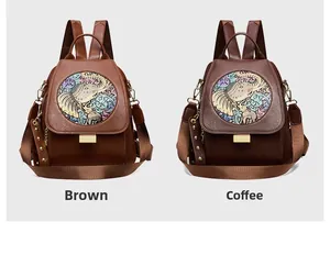 Close-up of brown and coffee retro leather backpacks with elephant floral patterns