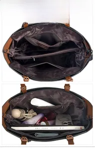 Detailed interior of large tote bag showing multi-pocket storage and zip compartments