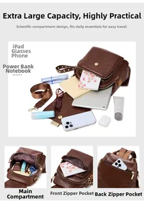 Macro detail of brown leather backpack featuring anti-theft zipper and large capacity storage