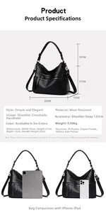 Detailed size specifications for black textured leather tote with iPad comparison