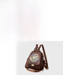 Detailed front and oblique views of a retro brown leather backpack with ethnic elephant art