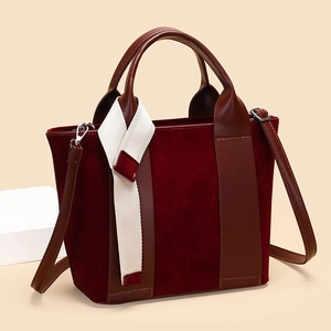 Retro Women Bucket Bag Suede Leather Patchwork Large Capacity Shoulder Handbag With Contrast Ribbon Vintage Simple Tote