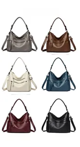 Multi-color view of faux leather shoulder bags in grey, brown, white, blue, red and black