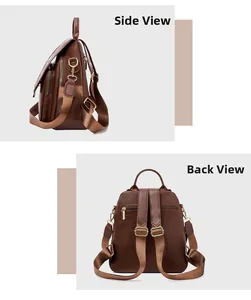 Detail view of the side and back of a dark brown litchi pattern leather backpack for women