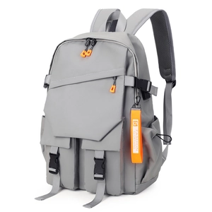 Grey ergonomic laptop backpack with multiple pockets and vibrant orange zipper accents