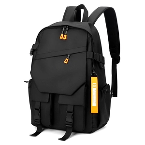 Tactical black nylon laptop backpack with orange zipper accents and multi-pocket design