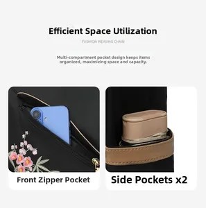 Detail of floral embroidery on black nylon backpack with functional side and front pockets