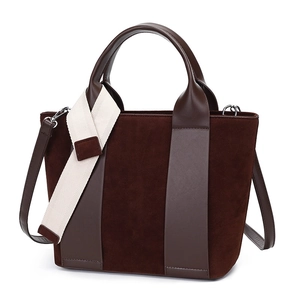 Vintage brown suede large capacity bucket bag with contrast weaving and shoulder strap