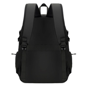 Ergonomic black laptop backpack with breathable S-shaped straps and luggage strap