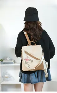 Lifestyle view of embroidered floral backpack on model's back with chic beige design