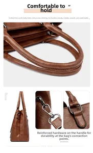 Detail of comfortable pebble leather handle and reinforced silver hardware on brown tote