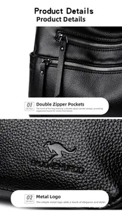Detail of black pebbled leather handbag with double parallel metal zippers and branding