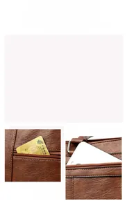 Detail of vintage brown pebble leather tote bag featuring functional zipper pockets and compartments