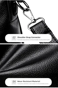 Detail of detachable metal strap buckle and black lychee texture leather on the shoulder bag
