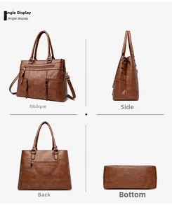 Brown faux leather tote bag showing oblique, side, back, and bottom views in detail