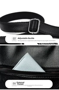 Detail of black lychee grain leather bag with silver metal buckle and outer zip pocket