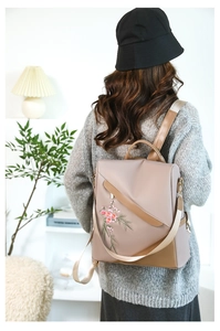 Detail of floral embroidery on a minimalist khaki water-resistant women backpack