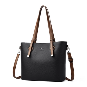 Large capacity black and brown leather tote bag with litchi texture and metal kangaroo logo