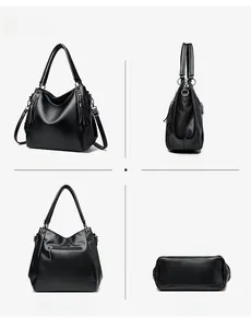 Multi-angle view of black large capacity tote bag with lychee texture and silver hardware