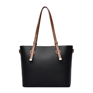 Classic large capacity tote bag with black lychee grain texture and brown handles