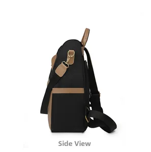 Side view of large capacity backpack with premium stitching and gold metal hardware