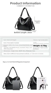 Detailed view of black tote interior compartments with fabric and size specifications