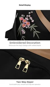 Close-up of pink floral embroidery and gold metal zippers on a black nylon backpack