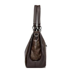 Vintage large capacity dark brown leather tote bag with side zipper and double handles