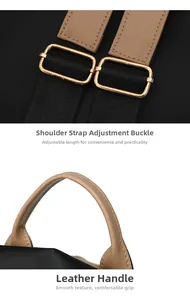 Detail of adjustable gold metal buckle and leather top handle on black travel backpack
